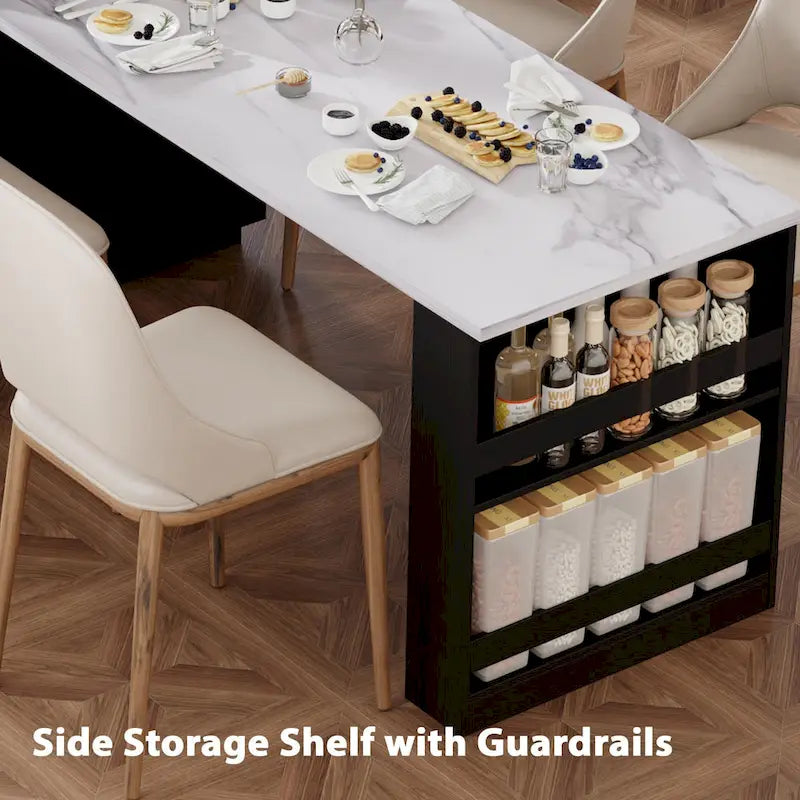 Faux Marble Kitchen Island with Extendable Dining Table, Power Outlet, Kitchen island with Storage 2 Drawers 2 Side Open Shelves