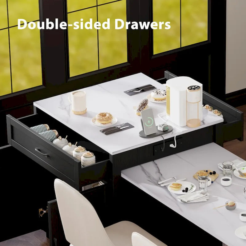 Faux Marble Kitchen Island with Extendable Dining Table, Power Outlet, Kitchen island with Storage 2 Drawers 2 Side Open Shelves