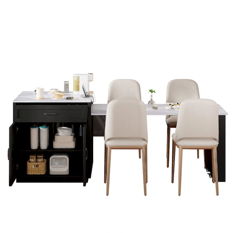 Faux Marble Kitchen Island with Extendable Dining Table, Power Outlet, Kitchen island with Storage 2 Drawers 2 Side Open Shelves