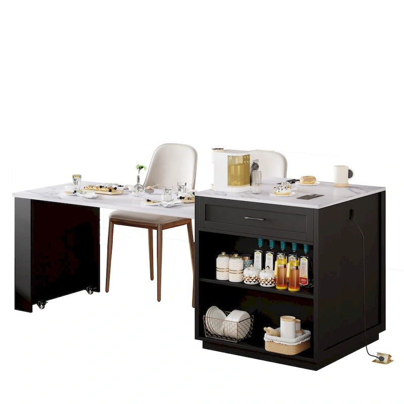 Faux Marble Kitchen Island with Extendable Dining Table, Power Outlet, Kitchen island with Storage 2 Drawers 2 Side Open Shelves
