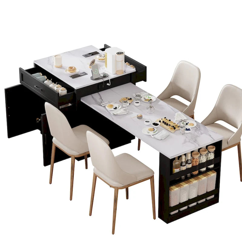 Faux Marble Kitchen Island with Extendable Dining Table, Power Outlet, Kitchen island with Storage 2 Drawers 2 Side Open Shelves