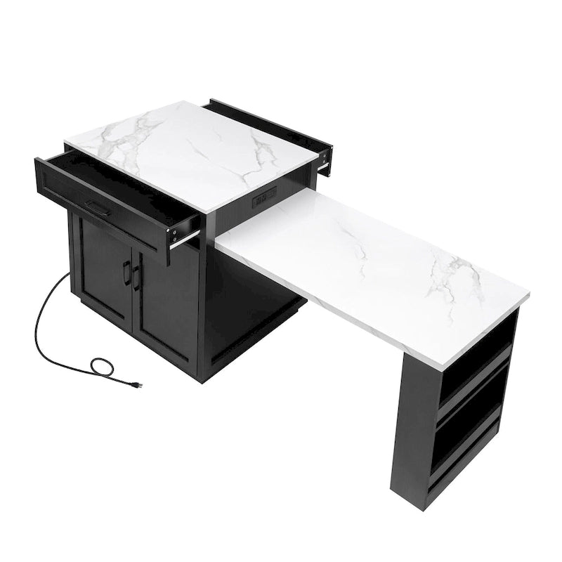 Faux Marble Kitchen Island with Extendable Dining Table, Power Outlet, Kitchen island with Storage 2 Drawers 2 Side Open Shelves