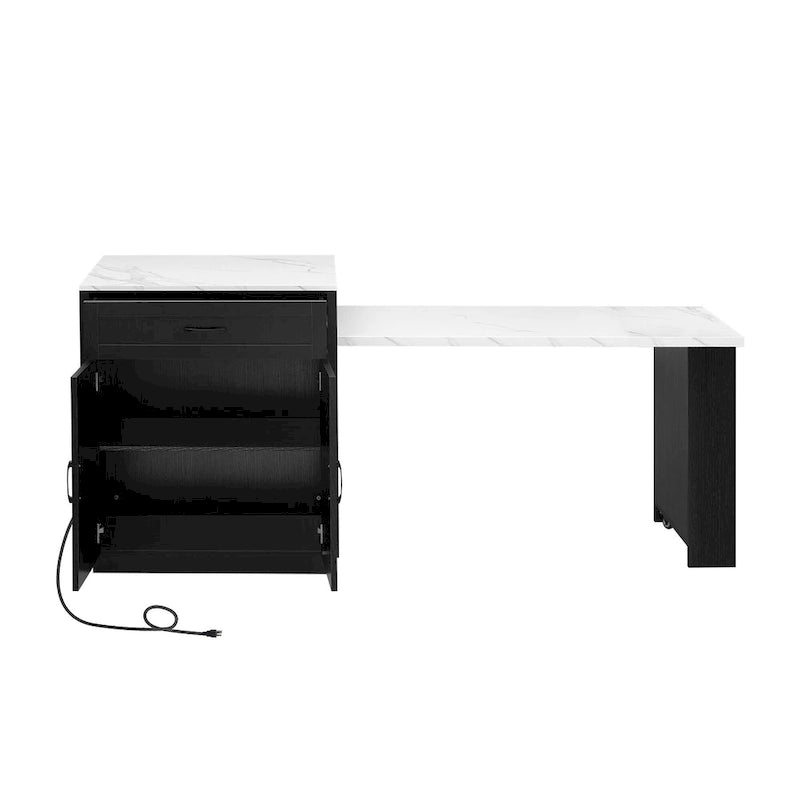 Faux Marble Kitchen Island with Extendable Dining Table, Power Outlet, Kitchen island with Storage 2 Drawers 2 Side Open Shelves
