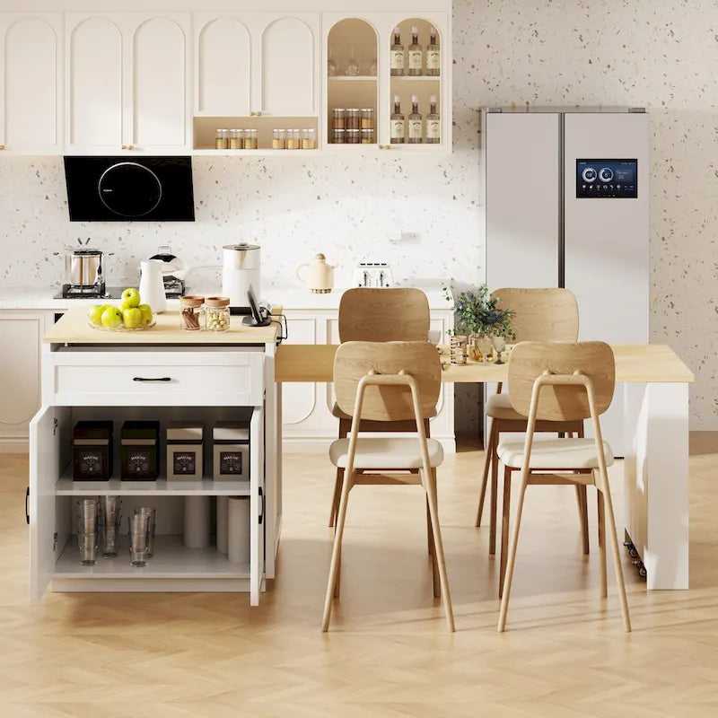 Faux Marble Kitchen Island with Extendable Dining Table, Power Outlet, Kitchen island with Storage 2 Drawers 2 Side Open Shelves