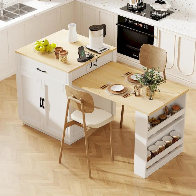 Faux Marble Kitchen Island with Extendable Dining Table, Power Outlet, Kitchen island with Storage 2 Drawers 2 Side Open Shelves