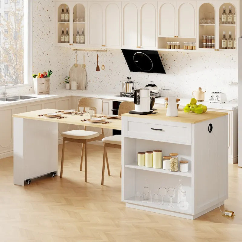 Faux Marble Kitchen Island with Extendable Dining Table, Power Outlet, Kitchen island with Storage 2 Drawers 2 Side Open Shelves