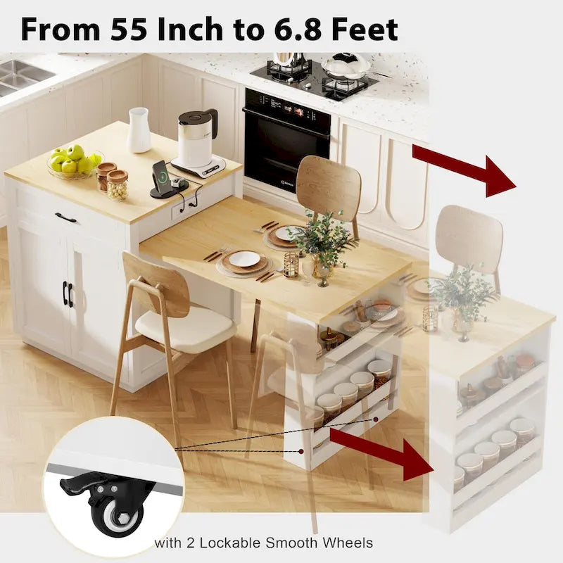 Faux Marble Kitchen Island with Extendable Dining Table, Power Outlet, Kitchen island with Storage 2 Drawers 2 Side Open Shelves