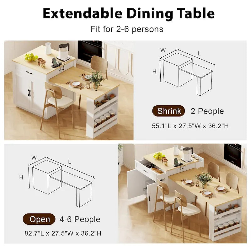 Faux Marble Kitchen Island with Extendable Dining Table, Power Outlet, Kitchen island with Storage 2 Drawers 2 Side Open Shelves