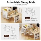 Faux Marble Kitchen Island with Extendable Dining Table, Power Outlet, Kitchen island with Storage 2 Drawers 2 Side Open Shelves