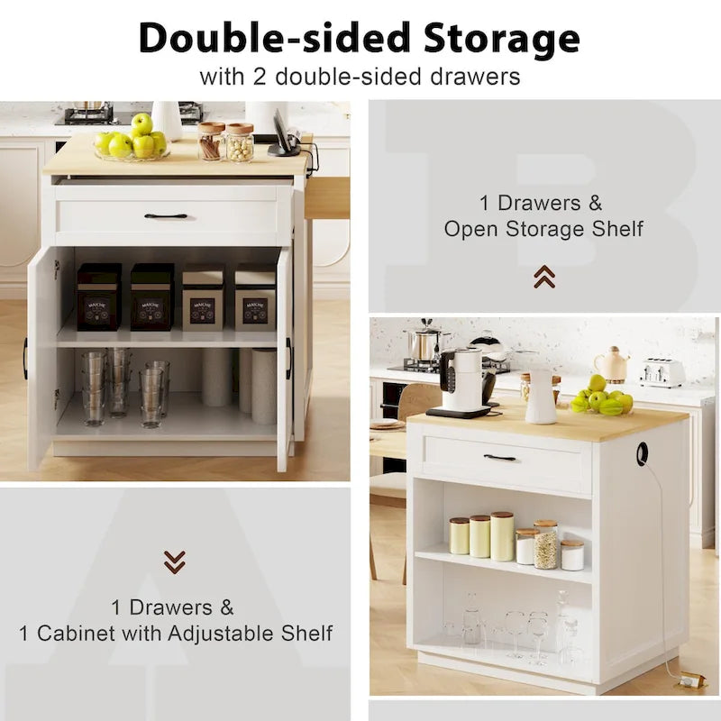 Faux Marble Kitchen Island with Extendable Dining Table, Power Outlet, Kitchen island with Storage 2 Drawers 2 Side Open Shelves