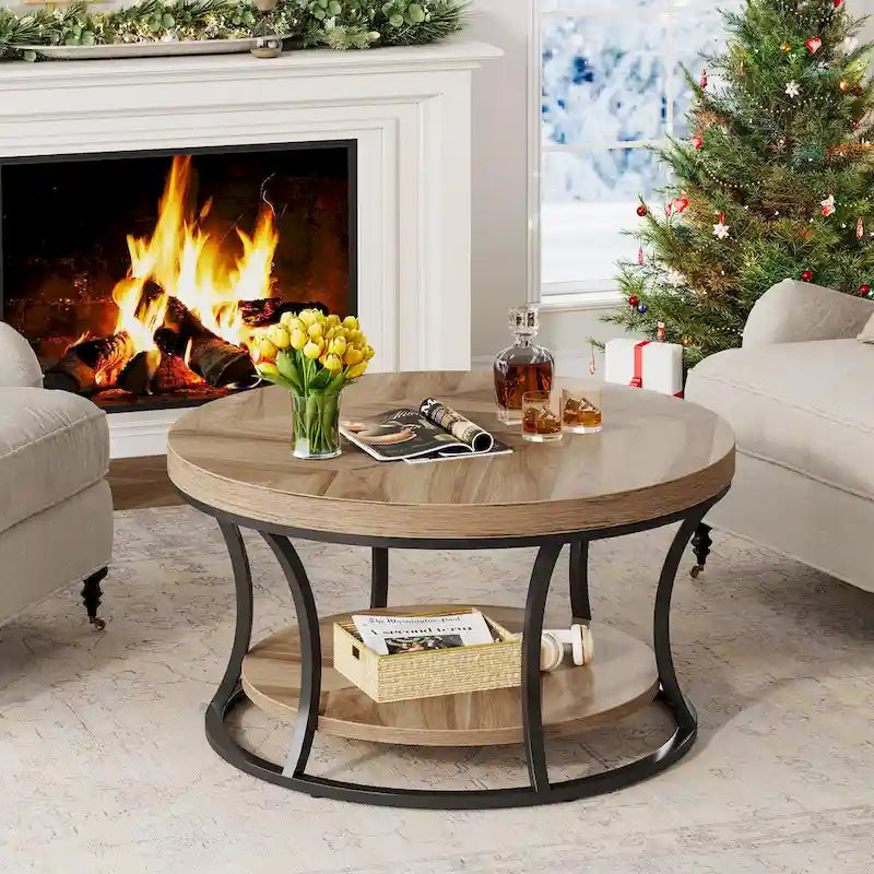 Round Coffee Table, 2-Tier Center Table with Storage Open Shelves