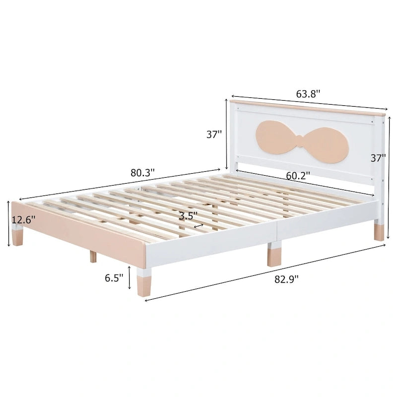 Queen Size Wood Platform Bed with Bow-shaped Pattern Headboard for Kids for Bedroom