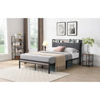 Queen Size Metal Platform Bed with Upholstered Headboard and USB