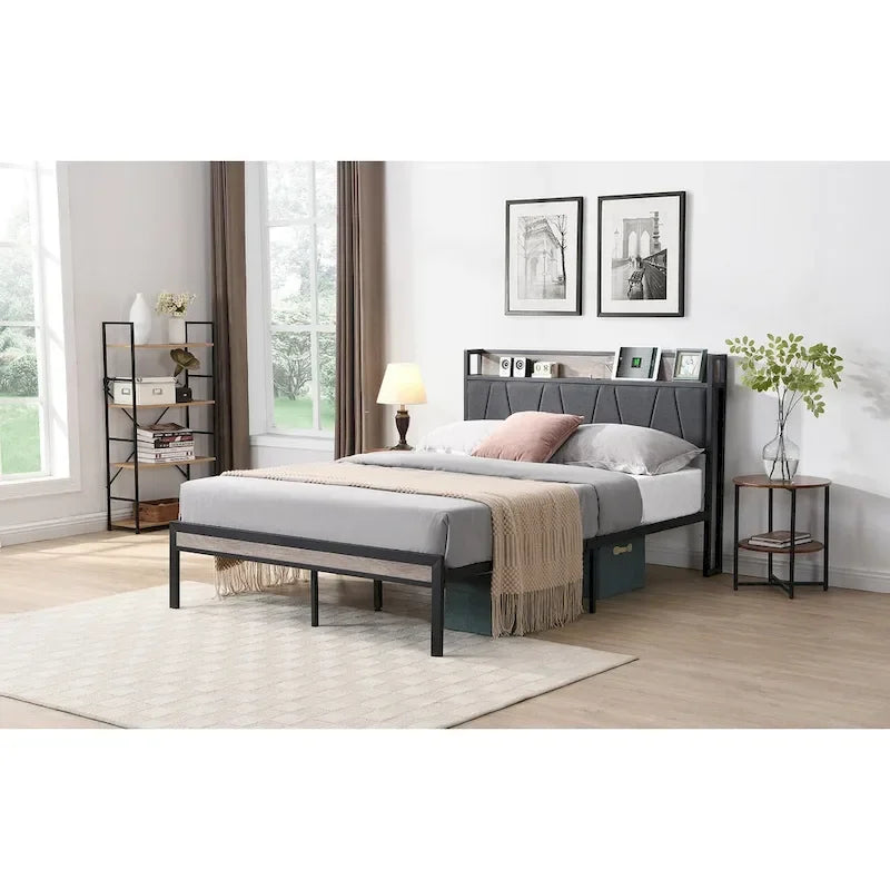 Queen Size Metal Platform Bed with Upholstered Headboard and USB