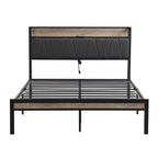 Queen Size Metal Platform Bed with Upholstered Headboard and USB