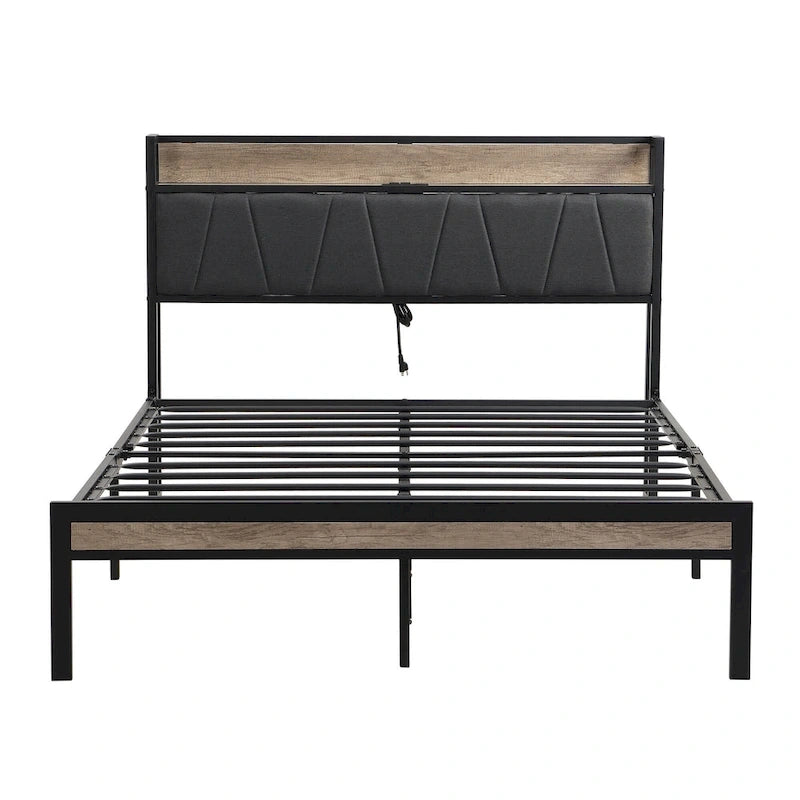 Queen Size Metal Platform Bed with Upholstered Headboard and USB