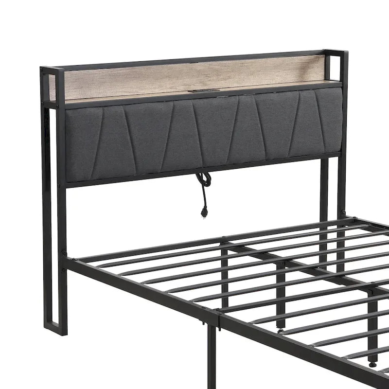 Queen Size Metal Platform Bed with Upholstered Headboard and USB