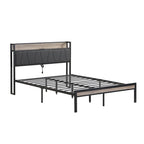 Queen Size Metal Platform Bed with Upholstered Headboard and USB