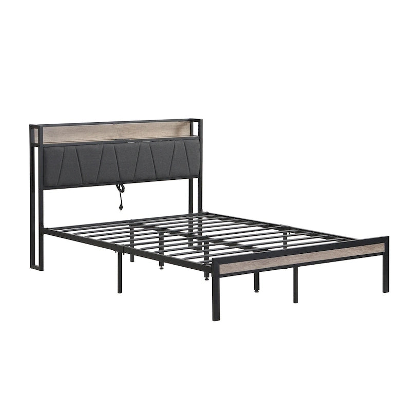 Queen Size Metal Platform Bed with Upholstered Headboard and USB