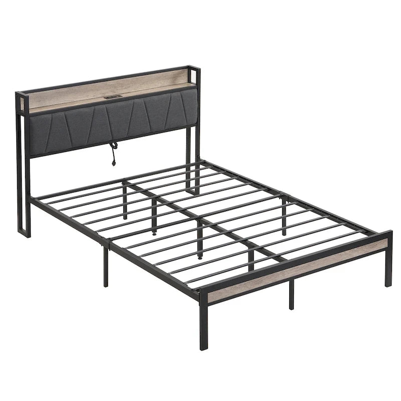 Queen Size Metal Platform Bed with Upholstered Headboard and USB