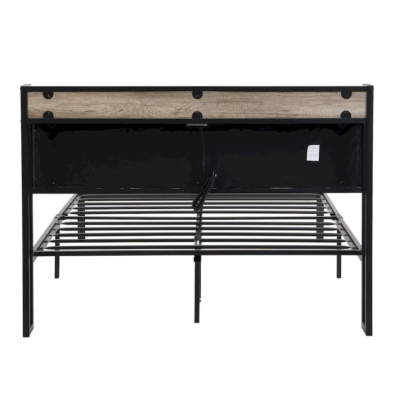 Queen Size Metal Platform Bed with Upholstered Headboard and USB