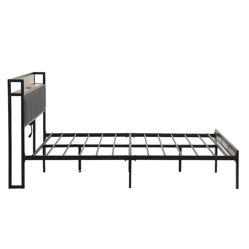 Queen Size Metal Platform Bed with Upholstered Headboard and USB