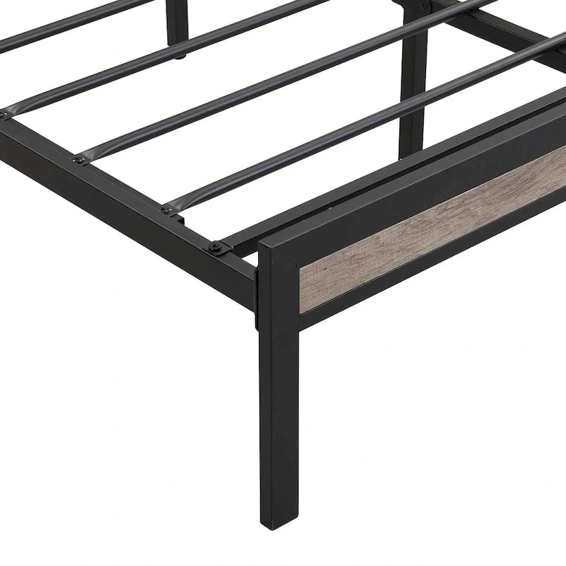 Queen Size Metal Platform Bed with Upholstered Headboard and USB