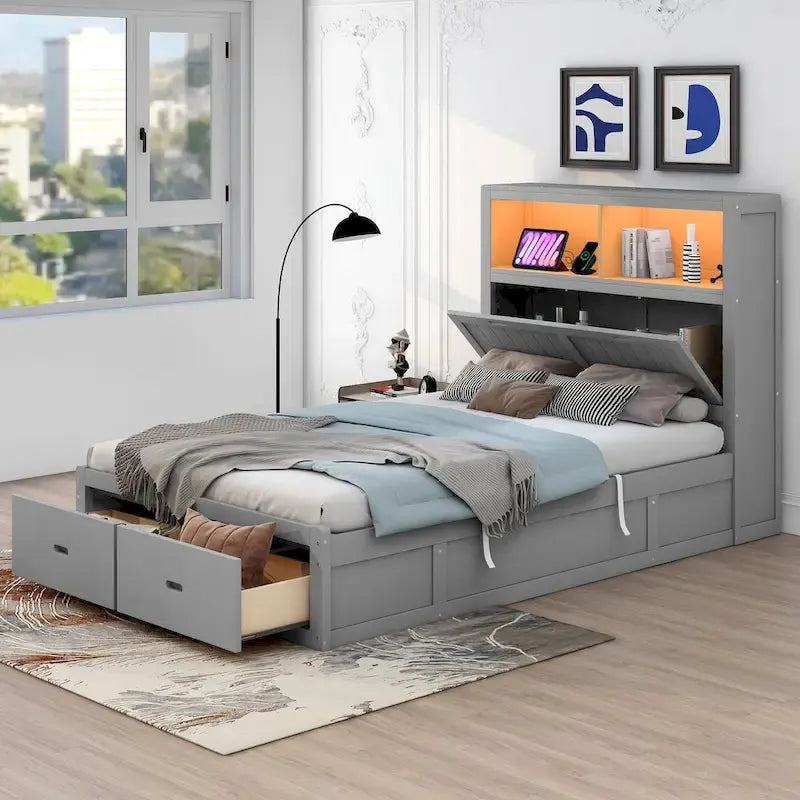 Gray Full Size Wooden Bed with LED Headboard, Charging Station, 2 Drawers