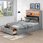 Gray Full Size Wooden Bed with LED Headboard, Charging Station, 2 Drawers