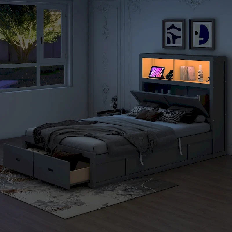 Gray Full Size Wooden Bed with LED Headboard, Charging Station, 2 Drawers