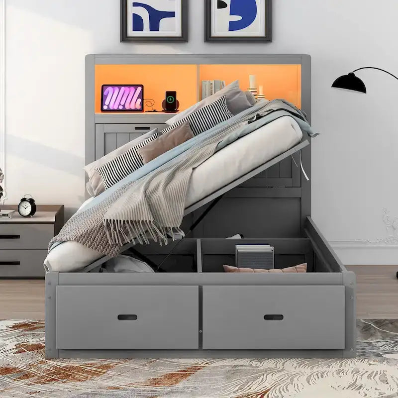 Gray Full Size Wooden Bed with LED Headboard, Charging Station, 2 Drawers