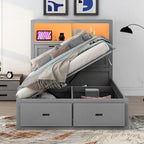 Gray Full Size Wooden Bed with LED Headboard, Charging Station, 2 Drawers