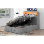 Gray Full Size Wooden Bed with LED Headboard, Charging Station, 2 Drawers