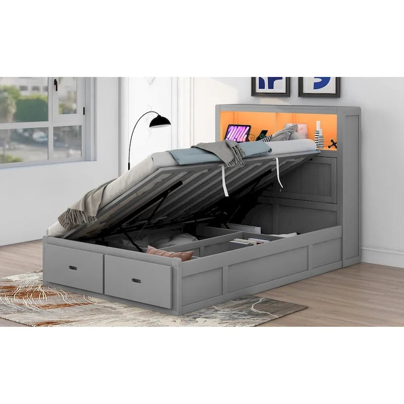 Gray Full Size Wooden Bed with LED Headboard, Charging Station, 2 Drawers