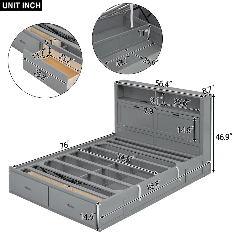 Gray Full Size Wooden Bed with LED Headboard, Charging Station, 2 Drawers