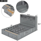 Gray Full Size Wooden Bed with LED Headboard, Charging Station, 2 Drawers