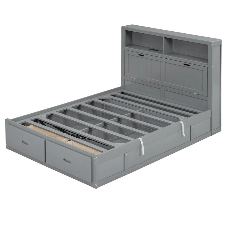 Gray Full Size Wooden Bed with LED Headboard, Charging Station, 2 Drawers