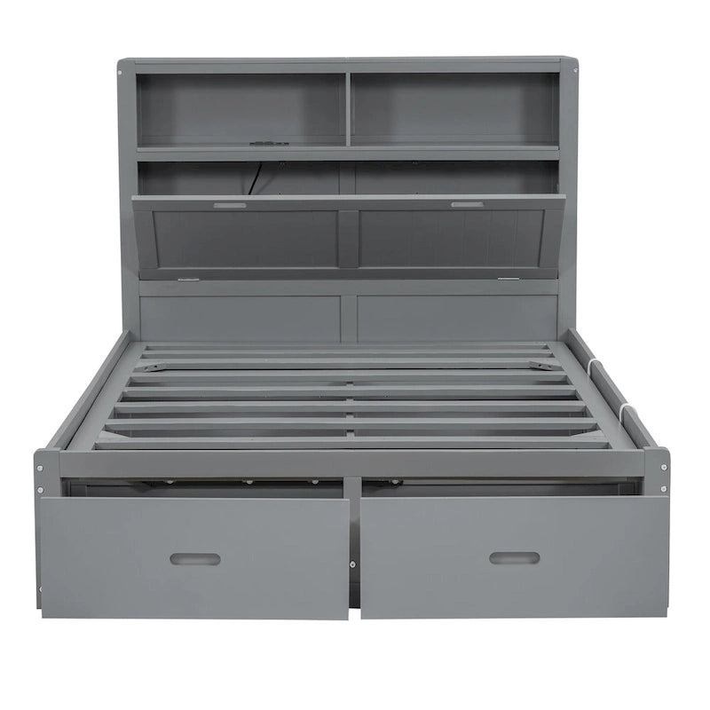 Gray Full Size Wooden Bed with LED Headboard, Charging Station, 2 Drawers