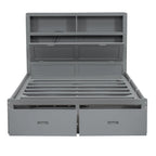 Gray Full Size Wooden Bed with LED Headboard, Charging Station, 2 Drawers
