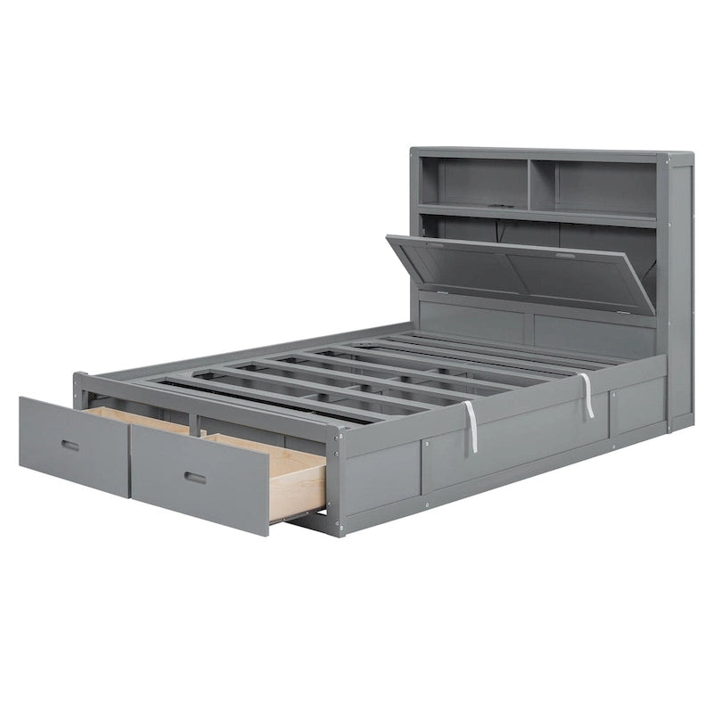 Gray Full Size Wooden Bed with LED Headboard, Charging Station, 2 Drawers