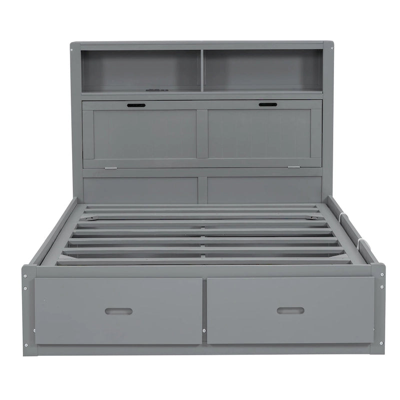 Gray Full Size Wooden Bed with LED Headboard, Charging Station, 2 Drawers
