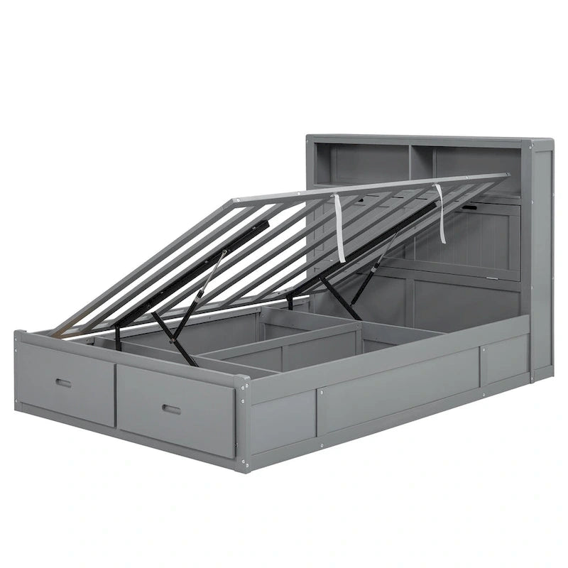 Gray Full Size Wooden Bed with LED Headboard, Charging Station, 2 Drawers