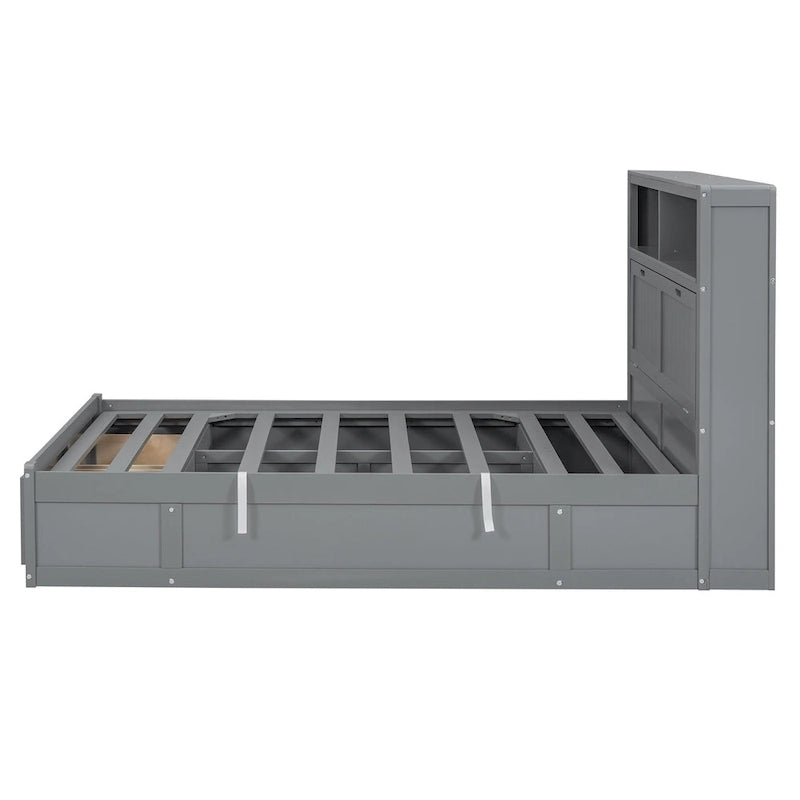 Gray Full Size Wooden Bed with LED Headboard, Charging Station, 2 Drawers