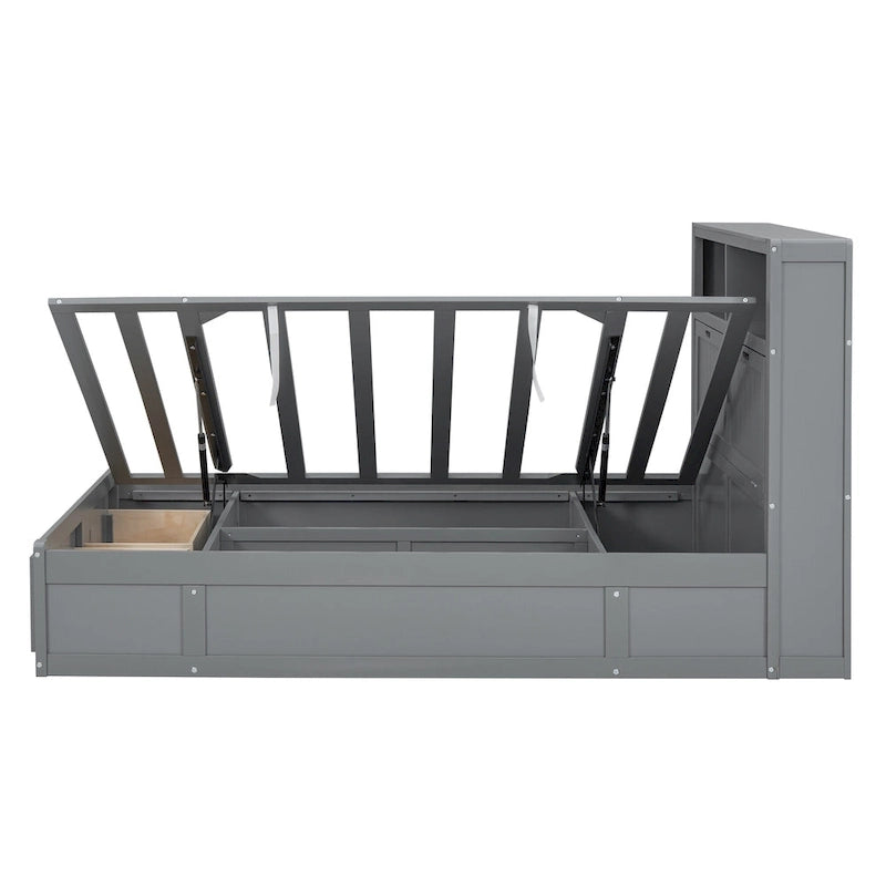 Gray Full Size Wooden Bed with LED Headboard, Charging Station, 2 Drawers