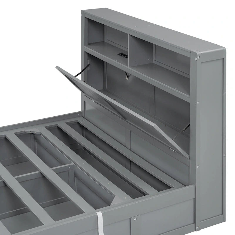 Gray Full Size Wooden Bed with LED Headboard, Charging Station, 2 Drawers
