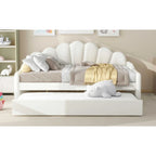 White Full Size Upholstery Daybed with Shall Shaped Backrest and Trundle for Bedroom