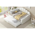 White Full Size Upholstery Daybed with Shall Shaped Backrest and Trundle for Bedroom