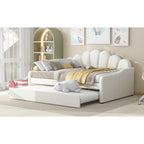 White Full Size Upholstery Daybed with Shall Shaped Backrest and Trundle for Bedroom