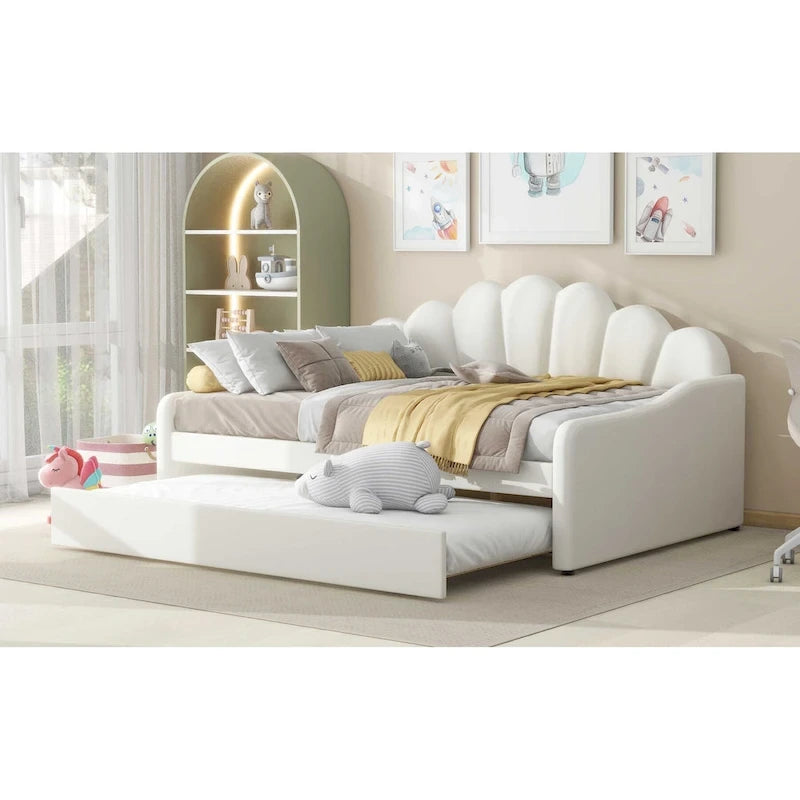 White Full Size Upholstery Daybed with Shall Shaped Backrest and Trundle for Bedroom