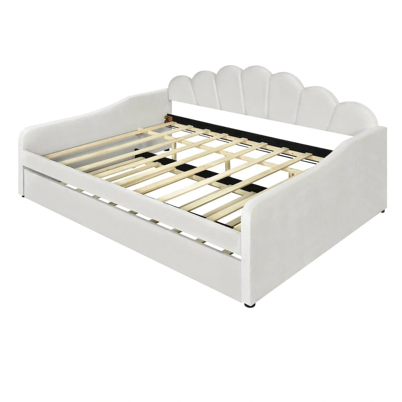 White Full Size Upholstery Daybed with Shall Shaped Backrest and Trundle for Bedroom